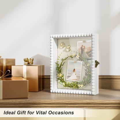 Shadow Box Frame 8x10,Wood Deep Shadow Box Display Case with Unique Beads Door and Glass Window, Memory Box for Pictures,Medals,Memorabilia,Collections White