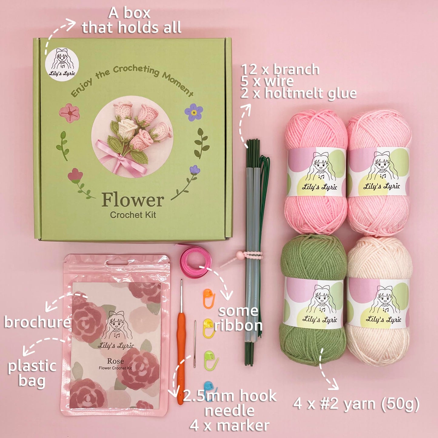 Flower Crochet Kit | Pink Rose | Step-by-Step Video Tutorial for Adults Teenagers | Craft Gift Idea DIY Home Decoration
