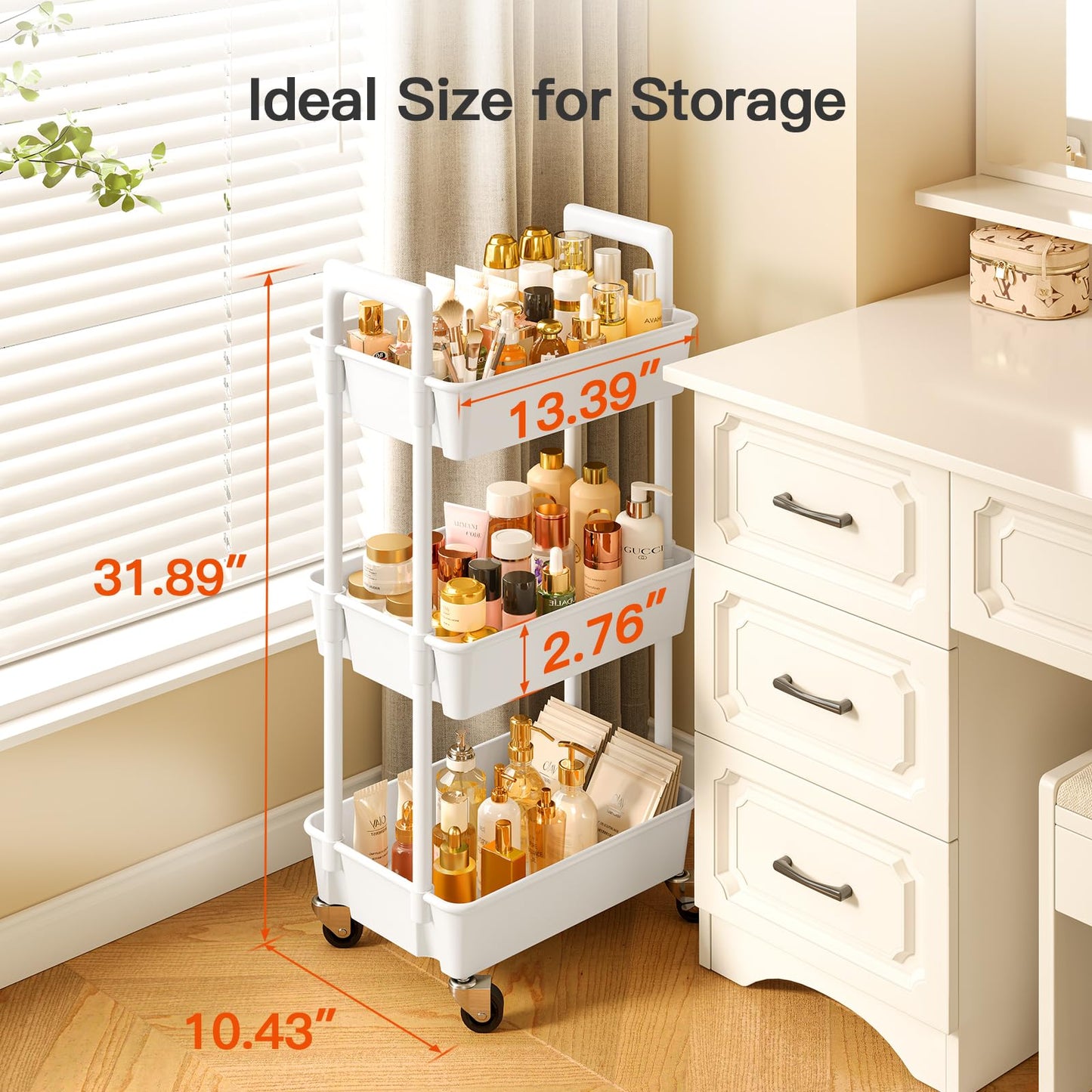 3 Tier Rolling Cart Organizer, Plastic Rolling Cart with Lockable Wheels & Reinforced Handle, Lightweight Utility Cart Storage Cart for Nursery, Kitchen, Bathroom, Craft Room, White, PIUC14W