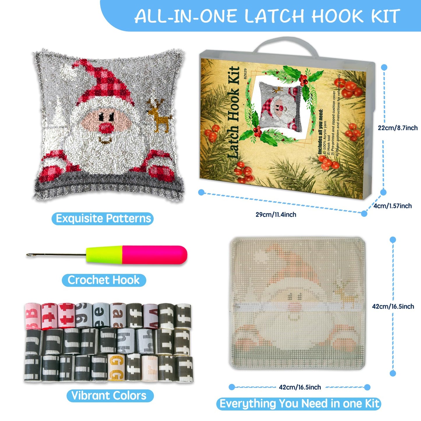 Latch Hook Kit, Christmas Latch Hook Kits for Adults DIY Decorative Pillowcase Embroidery Cross Stitch Arts Craft for Home Sofa Furniture 17X17inch Father Christmas
