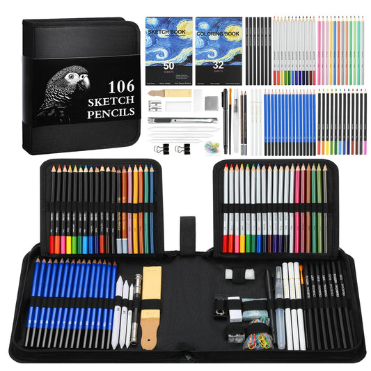 106 Pack Sketching Supplies, Art Supplies Include Graphite Colored Charcoal Watercolor & Metallic Pencils, Sketching Kit with 3-Color Sketchbook & Coloring Book, Gift Case for Kids Teens Adults