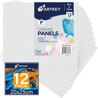 Canvases for Painting 8x10 Inch 12-Pack, 10 oz Primed 100% Cotton White Blank Canvas Boards for Painting, Art Supplies Paint Canvas Panels for Acrylic Oil Watercolor Tempera Paints