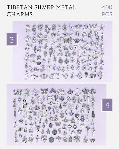 400 PCS Wholesale Bulk Lots Jewelry Making Charms Mixed Smooth Tibetan Silver Alloy Charms Pendants DIY for Bracelet Necklace Jewelry Making and Crafting