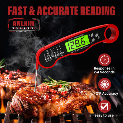 Instant Read Meat Thermometer for Grill and Cooking, Waterproof Fast Food Thermometer with Backlight, Digital Food Probe for Kitchen Cooking, Candy Making, Outside Grill - Red