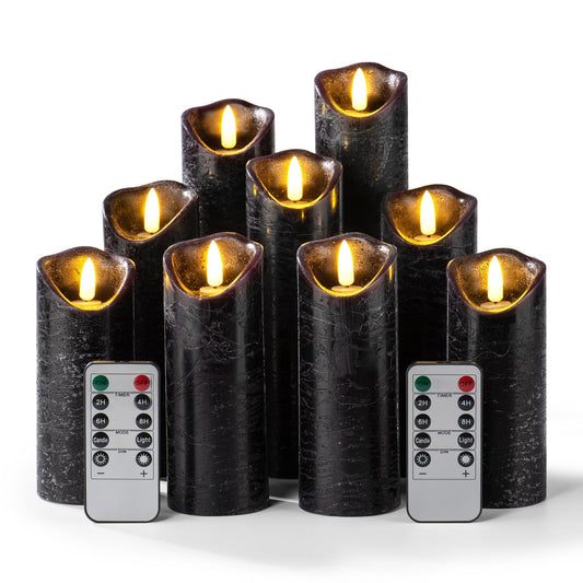 Set of 9 Black Regular Textured Flameless Candles Battery Operated LED Real Wax Flickering Electric Candles with Remote Control Timer for Wedding Birthday Halloween Christmas Decorations