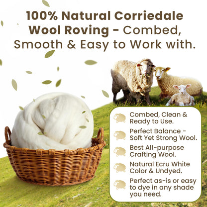 Wool Roving Top – 8 OZ Natural Corriedale, Bulk Pack, Best Core Wool for Needle Felting Wool, Wool Felting, Dryer Balls, Yarn Roving - Ethically Sourced, Processed in USA - White Ecru, 29.5 Micron