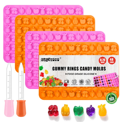 Set of 8 Fruit Snack Molds Silicone Bpa Free, Gummy Molds Trays for Candy Chocolate Gummies Baking - with 2 Dropper & 2 Cleaning Brush(Cherries Grape Banana Apple Pineapple)