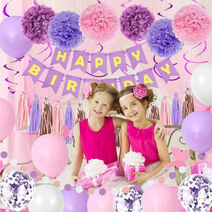 Purple Pink Party Decorations for Women Girls With Happy Birthday Banner, Hanging Swirls, Tissue Paper Pompoms, Circle Dots Garland, Tassel Garland, Purple Balloons