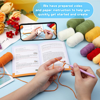Crochet Kit for Beginners, Flower Bouquet Crochet Kit Rose, Knitting Starter Kit with Crochet Yarn and Step-by-Step Instructions for Birthday, Wedding Anniversary Day Present
