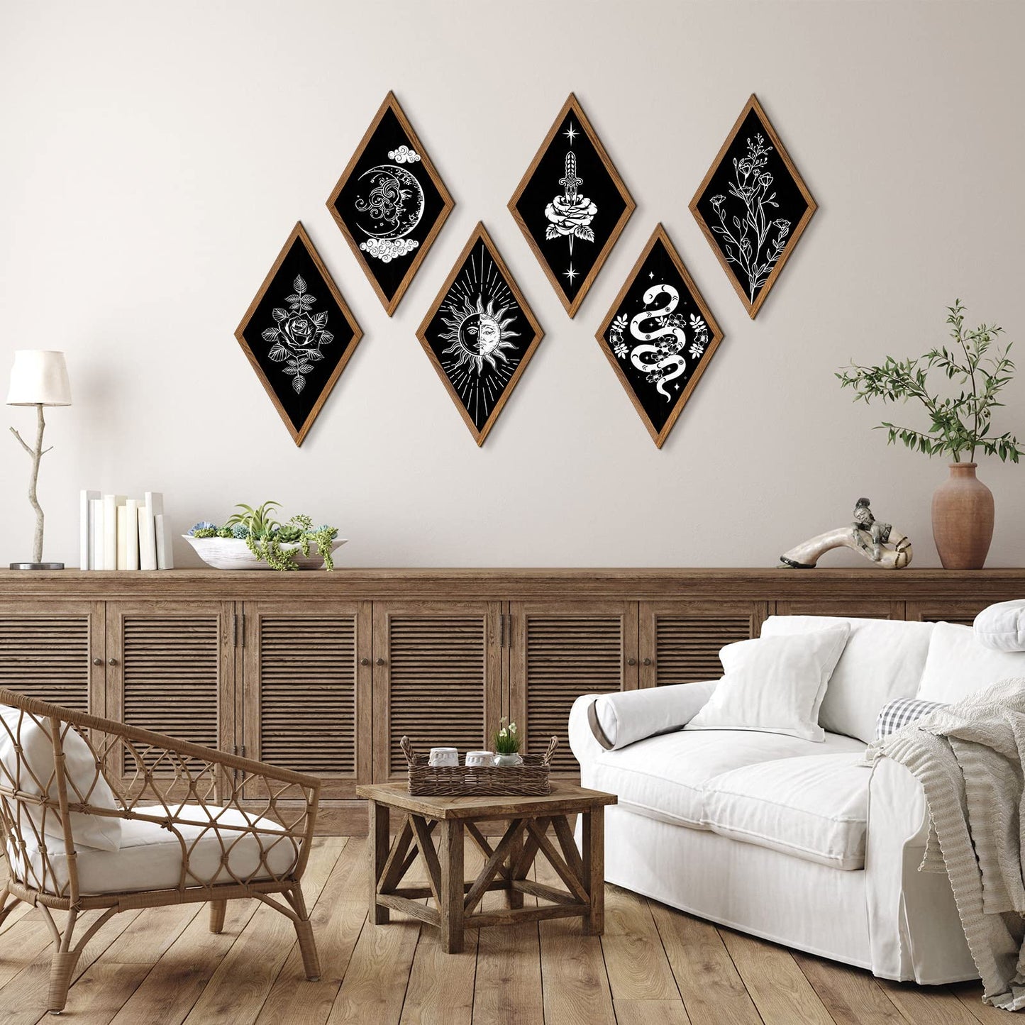 6 Pieces Wall Decor Boho Wall Art Sun Moon Phases Wall Art Gothic Minimalist Stars Sun Wall Hanging Boho Wooden Home Decor Farmhouse Wall Pediments for Gallery Living Bedroom Room