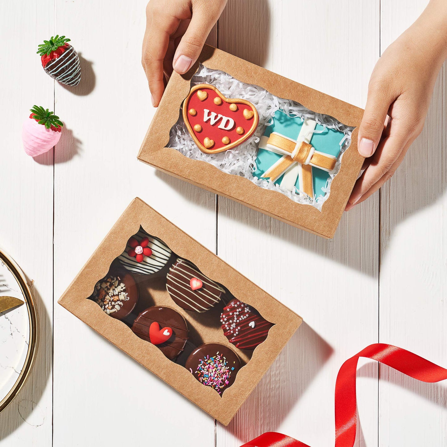 50 Pack DIY Assembly Brown 7 x 4 3/8 x 1½ inches Cookies Boxes BakeryTreat Boxes Packaging for Macaron Chocolate Truffle Cakesickle