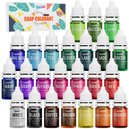 24 Color Food Grade Skin Safe Coloring for Bath Bomb and DIY Making Supplies - Liquid Concentrated Colorant Kit for Handmade Soaps and Crafts