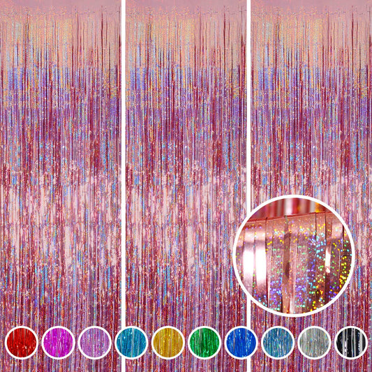 Foil Fringe Curtains Party Decorations - Melsan 3 Pack 3.2 x 8.2 ft Tinsel Curtain Party Photo Backdrop for Birthday Party Baby Shower or Mother's Day Rose Gold