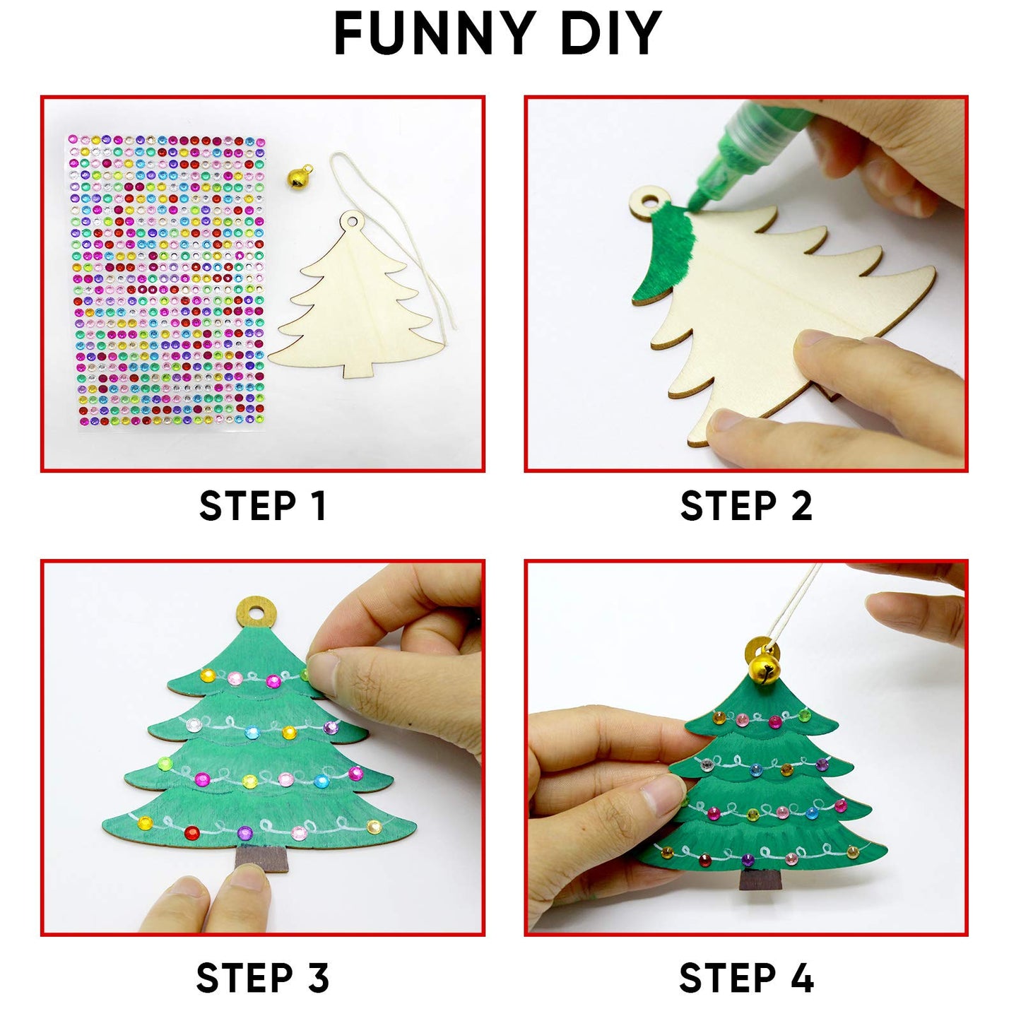 40 Pcs Wooden Ornaments Unfinished Christmas DIY Ornaments Craft Kit, Christmas Wood Ornaments with Bells, Wax Rope and Rhinestone Stickers for Children Arts and Crafts Supplies