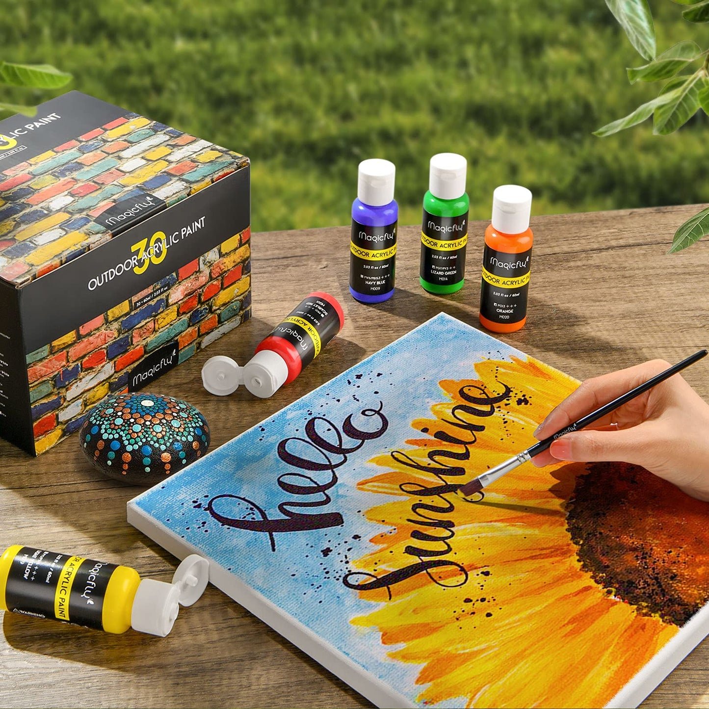 Outdoor Acrylic Paint, Set of 30 Colors/Tubes (60 ml, 2 oz.) with Storage Box, Rich Pigments, Multi-Surface Paints for Rock, Wood, Fabric, Leather, Paper, Crafts, Canvas and Wall Painting