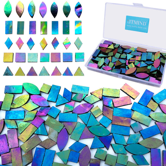 Iridescent Glass Mosaic Tiles for Crafts, 240 Pieces 5 Shapes Mixed Stained Glass Sheets, Mosaic Kits for Adults (Iridescent Black)