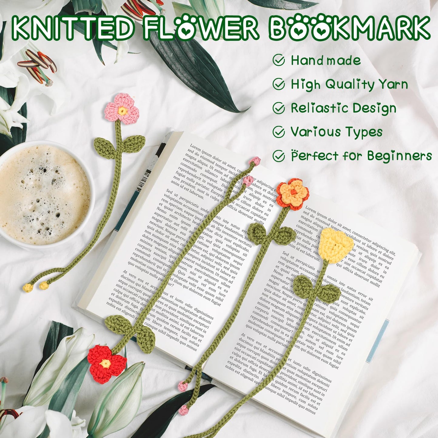 Crochet Kit for Beginners - 8 Flower Bookmarks Knitting Kit w/Step-by-Step Video Tutorials & Soft Yarn, Hook - Wobbles DIY Art Craft Kit for Adults Kids, Birthday Gifts for Women Girls Teen