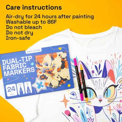 24 Dual-Tip Fabric Markers - Fabric Decorating Kit - Permanent for Clothes - No Bleed Pens for T-Shirts, Bags, Textile, Canvas, and More (Brush Tip and Fine Tip)