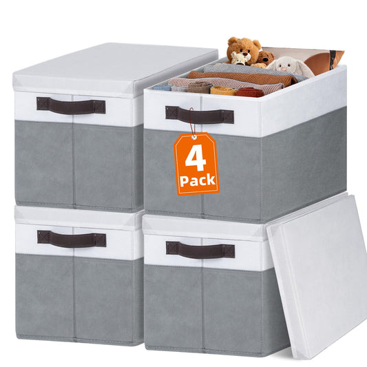 Large Storage Baskets Bins with Lids 4 Pack, Storage Baskets for Organizing Shelves Nursery Bedroom, Home Closet Organizers Cubes for Clothes Toys Blanket - Stackable & Sturdy -14x10x9.5