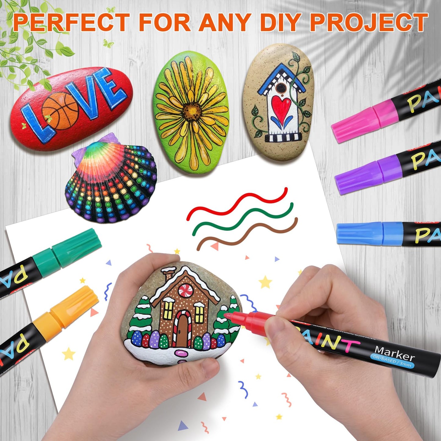 Paint Pens Paint Markers, 20 Colors Oil-Based Waterproof Marker Pen Set, Never Fade Quick Dry and Permanent, Works on Rocks Painting, Wood, Fabric, Plastic, Canvas, Glass, Mugs