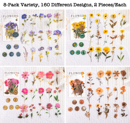 Pressed Flower Themed Stickers Set (320 Pieces) Dried Flowers Resin Stickers Decals Floral Botanical Journaling Stickers for Scrapbook Supplies Junk Journal Bullet Journal Planner Laptops