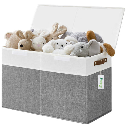 Large Toy Storage Box with Lids, Collapsible Sturdy Baby Storage Organizer Chest Bin Basket for Kids, Boys, Girls, Playroom, Nursery, Bedroom, Closet 25"x13"x16" (Gray and White)