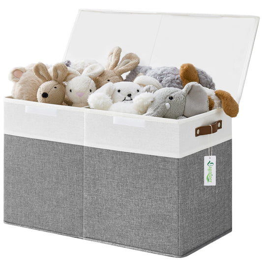 Large Toy Storage Box with Lids, Collapsible Sturdy Baby Storage Organizer Chest Bin Basket for Kids, Boys, Girls, Playroom, Nursery, Bedroom, Closet 25"x13"x16" (Gray and White)