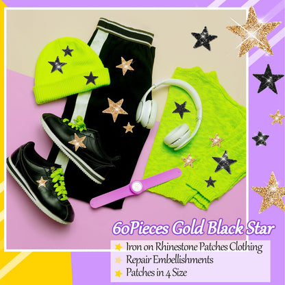 60 Pcs Iron on Star Patches Star Shaped Rhinestone Appliques Adhesive Glitter Patches Rhinestone Appliques Embellishments for DIY(Black Gold)