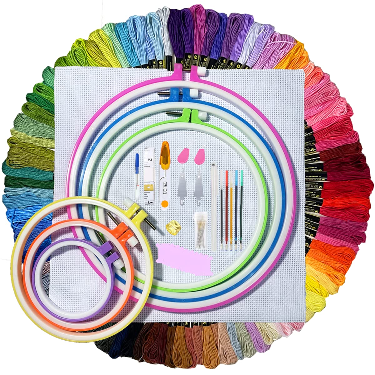 Embroidery Kit 141 Pcs,100 Colors Threads,6 Pcs Embroidery Hoops,2 Pcs Aida Cloth,9 Sewing Pins,Cross Stitch Tools and Embroidery Starter Kit for Adults and Kids Beginners