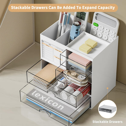 Desk Organizer with 3 Drawer, Multi-Functional Pencil Pen Holder for Desk, Desk Organizers and Storage with 8 Compartments, Desktop Organizer for Office Home Art Supplies (White)