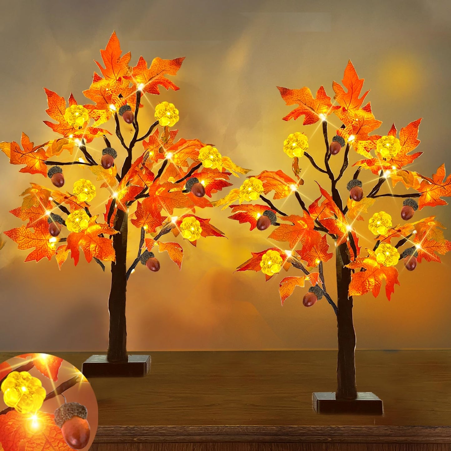 [ 2 Pack & Timer ]   24 Inch Lighted Maple Tree Fall Decor, Total 48 LED Battery Operated Tabletop Artificial Tree Design Patent Pumpkin & Acorn Thanksgiving Halloween Decoration Home Indoor