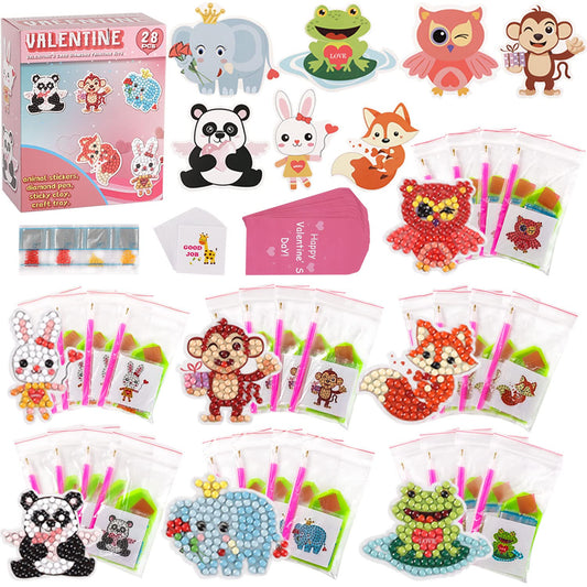Valentine's Day Cards for Kids - 28pcs Diamond Animal Craft Kits With 7 Different Gem Stickers for School Classroom Exchange Gifts and Decorations