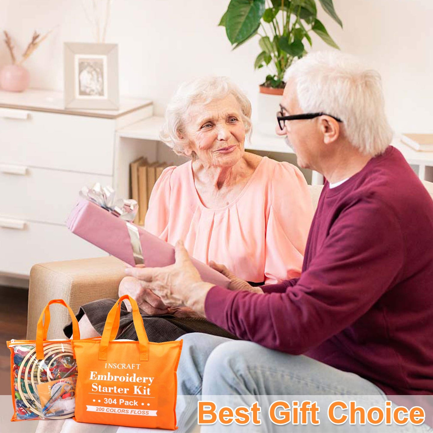 304 Pack Embroidery Kit, 200 Colors Threads, 5 Pcs Bamboo Embroidery Hoops, 2 Pcs Aida Cloth, Instructions, Bag and Cross Stitch Tools Set, Hand Embroidery Starter Kit for Beginners Adults