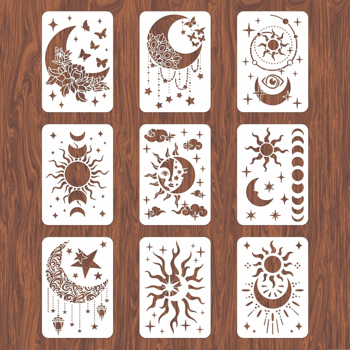 9PCS/Set Sun Moon Wall Stencils for Painting 12x8 Mandala Tile Stencil Large Flower Star Concrete Floor Stencils Reusable Drawing Template for Painting Wood Canvas Furniture Patio Home Decor