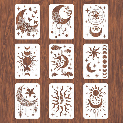 9PCS/Set Sun Moon Wall Stencils for Painting 12x8 Mandala Tile Stencil Large Flower Star Concrete Floor Stencils Reusable Drawing Template for Painting Wood Canvas Furniture Patio Home Decor