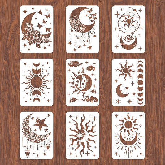 9PCS/Set Sun Moon Wall Stencils for Painting 12x8 Mandala Tile Stencil Large Flower Star Concrete Floor Stencils Reusable Drawing Template for Painting Wood Canvas Furniture Patio Home Decor