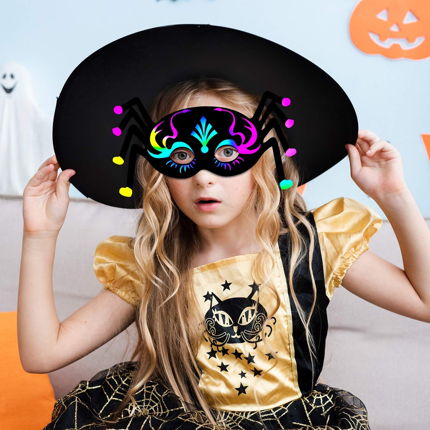 Halloween Mask Craft Kit for Kids, 52 Pcs Kids Magic Scratch Paper Animal Masks, DIY Rainbow Scratch Art Masks for Halloween and Animal Birthday Party