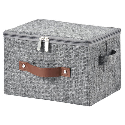 Storage Bins with Zipper Lid Cotton Linen Fabric Lidded Storage Baskets Boxes Foldable Washable Closet Shelf Clothes Organizer Container with PU Leather Handles (Gray, Small Size)