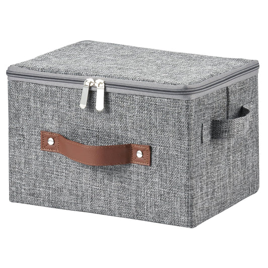 Storage Bins with Zipper Lid Cotton Linen Fabric Lidded Storage Baskets Boxes Foldable Washable Closet Shelf Clothes Organizer Container with PU Leather Handles (Gray, Small Size)