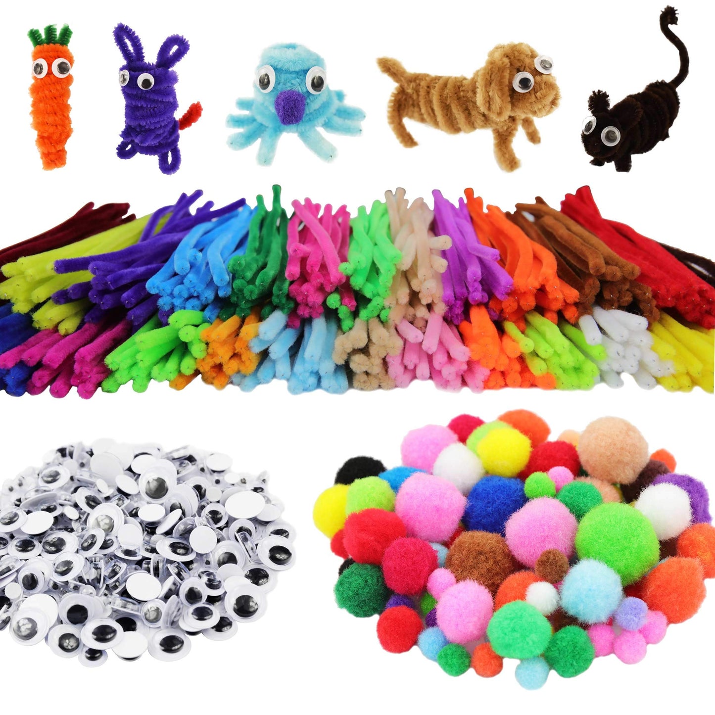 862 Pieces Kids Art & Craft Supplies Set DIY Activities & Parties Pipe Cleaners Craft Set 200 Pcs Pipe Cleaners 454 Pcs Pom Poms 208 Pcs Wiggle Eyes Self Adhesive1
