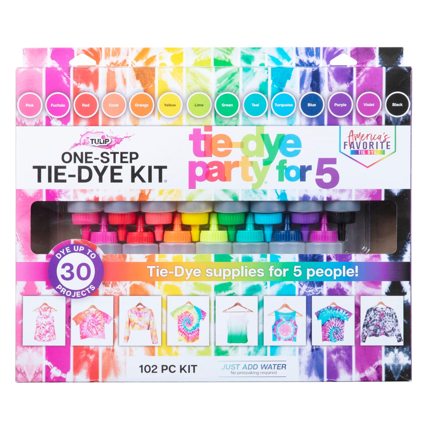 One-Step Tie-Dye Kit Party for 5, 15 Rainbow Colors for Fabric