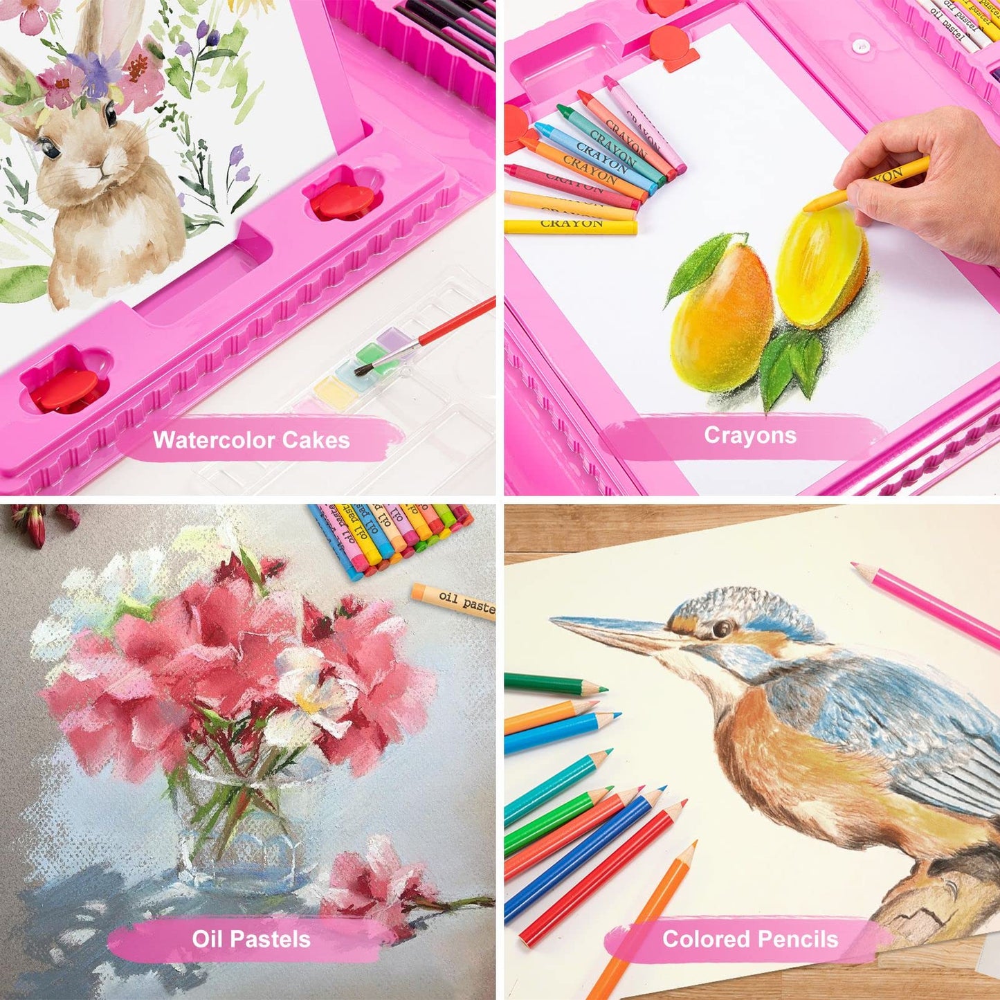 Art Supplies, 272 Pack Art Set Drawing Kit for Girls Boys Teens Artist, Deluxe Gift Art Box with Trifold Easel, Origami Paper, Coloring Book, Drawing Pad, Pastels, Crayons, Pencils, Watercolors(Pink)