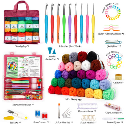 Crochet Yarn Kit for Beginners Adults and Kids, Includes 1650 Yards 30 Colors Acrylic Skeins, User Manual, Hooks, Wine Bag etc, Make Amigurumi & Projects, Starter Set Professionals