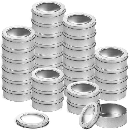 30 Pack 2 Ounce Metal Tin Cans - Round Empty Containers with Clear Top for Candles, Arts & Crafts, Storage in Kitchen & Office Use