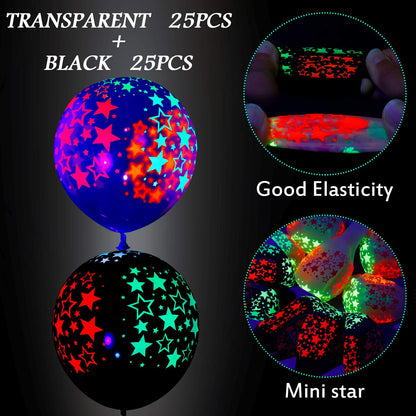 50 Pieces Neon Glow Balloons Neon Stars Glow in Blacklight Black Light Fluorescent Mini Stars Party Latex Balloons for Birthday Wedding Arch Party Decoration(Black, Clear)
