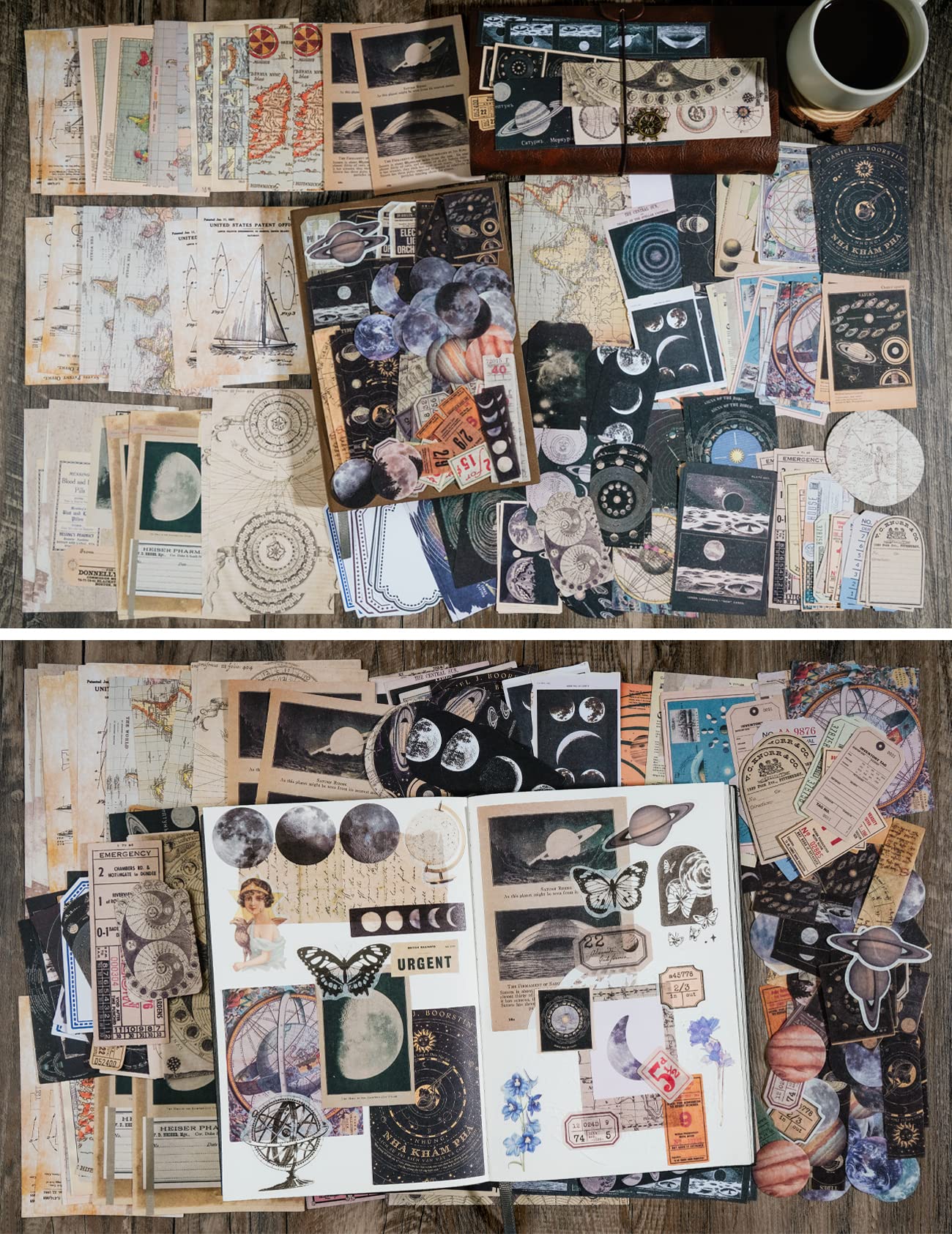 Vintage Scrapbook Supplies Pack (200 Pieces) for Witchy Junk Journal Bullet Journals Planners Space Moon Paper Stickers Craft Kits Collage (Celestial)