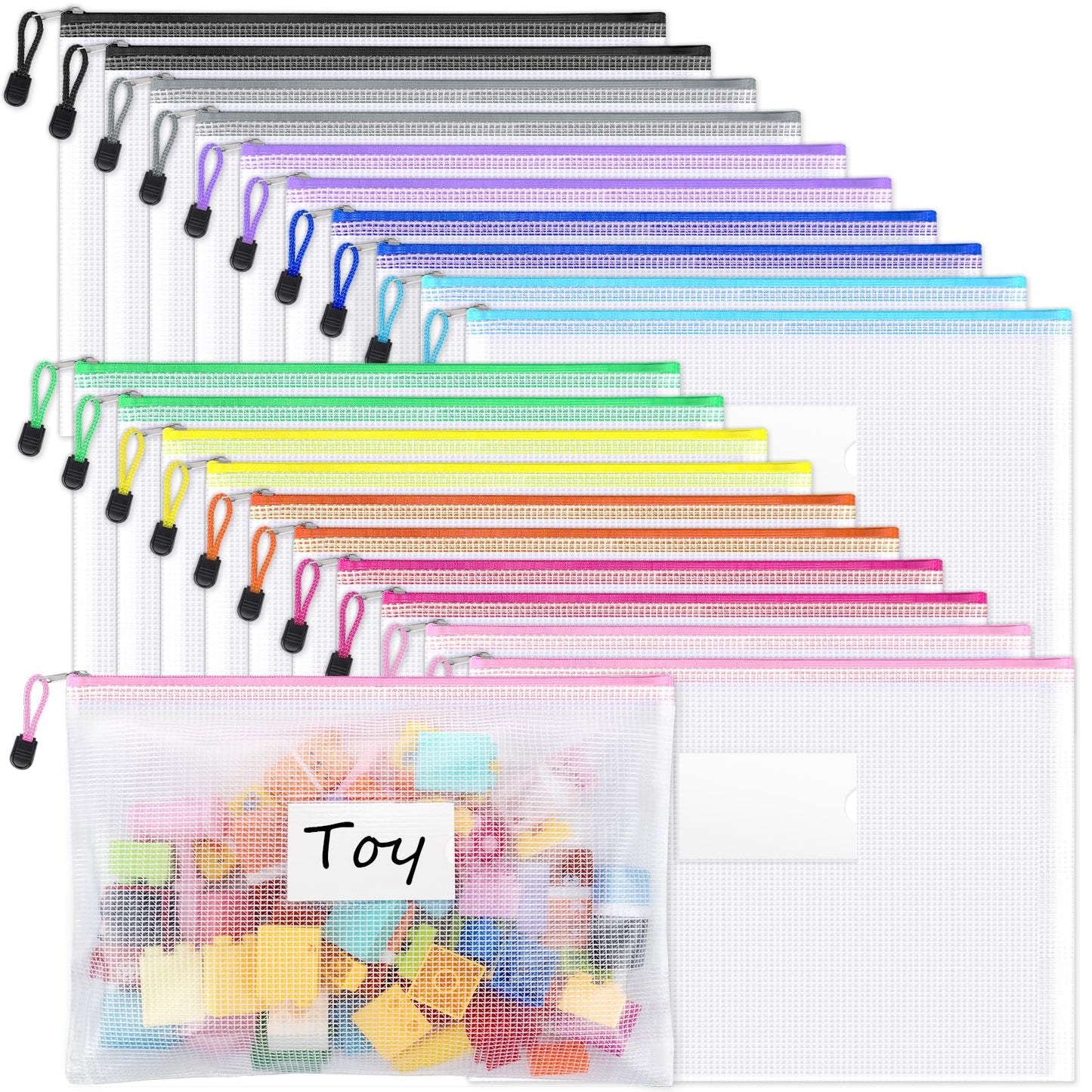 20 Pack Mesh Zipper Pouch Bags, A4 Letter Size, Zipper Bags with Label Pocket, Waterproof Zipper Pouches for Classroom Organization, Board Game Storage, Document Bag for Office School Supplies