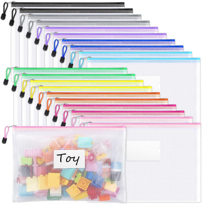 20 Pack Mesh Zipper Pouch Bags, A4 Letter Size, Zipper Bags with Label Pocket, Waterproof Zipper Pouches for Classroom Organization, Board Game Storage, Document Bag for Office School Supplies
