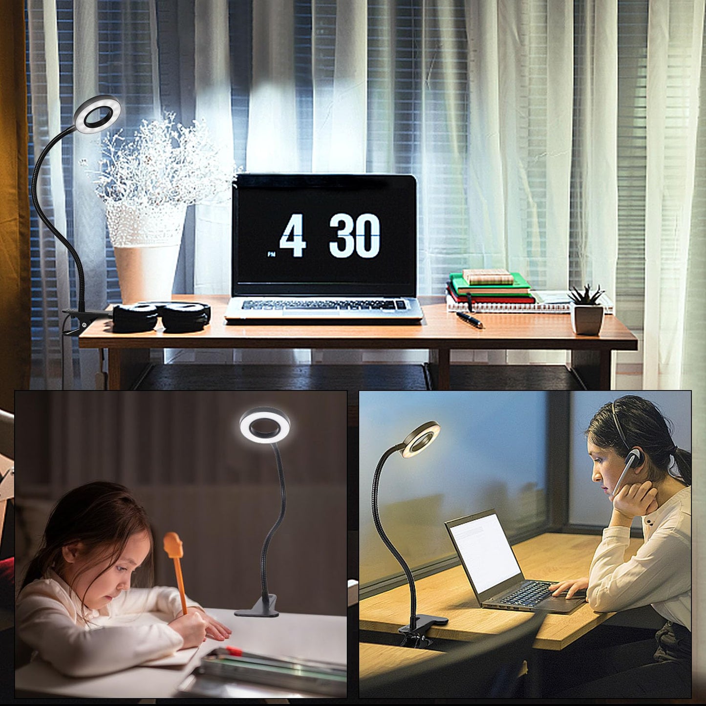 Desk Clip on Lamp for Reading Home Office, 10 Dimmable Brightness 3 Modes, Clamp Light for Bed Headboard