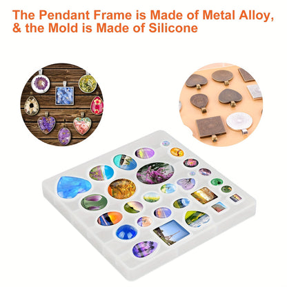35 pcs Pendant Tray Silicone Mold Set, Jewelry Making Kit with 7 Styles Pendant Trays